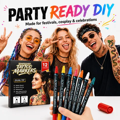 Dual Tip Body Paint Markers Temporary Tattoo Pens Waterproof Quick Dry Acrylic Markers For Festival Party DIY Makeup Art