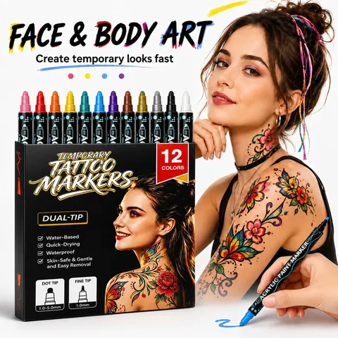 Dual Tip Body Paint Markers Temporary Tattoo Pens Waterproof Quick Dry Acrylic Markers For Festival Party DIY Makeup Art