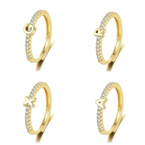 Bague Ouverte en Cuivre Strass Rétro Artistique de Niche Lettre de l'Alphabet Anglais Or Argent Électroplaqué Décoratif Bague Unisexe