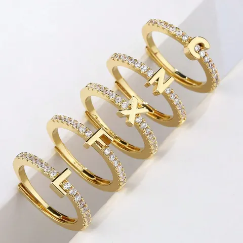 Bague Ouverte en Cuivre Strass Rétro Artistique de Niche Lettre de l'Alphabet Anglais Or Argent Électroplaqué Décoratif Bague Unisexe