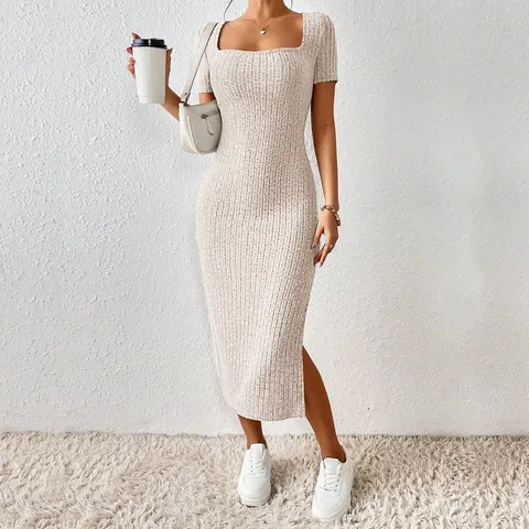 Western Style Women Sexy Square Neck Short Sleeve Slit Knitted Midi Bodycon Dress Slim Fit Solid Color Summer Party Dress