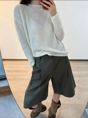 Women Casual Linen Cotton Blend Knitted Top Loose Lazy Style Long Sleeve Knitwear Round Neck Solid Color Breathable Smock Top