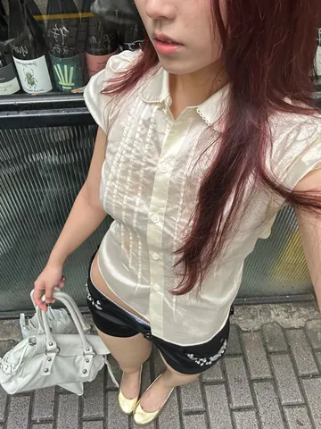 Women Korean Style Peter Pan Collar Blouse Lyocell Blend Pleated Lace Trim Puff Sleeve Sweet Short Sleeve Shirt Solid Color Top