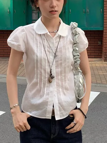 Women Korean Style Peter Pan Collar Blouse Lyocell Blend Pleated Lace Trim Puff Sleeve Sweet Short Sleeve Shirt Solid Color Top