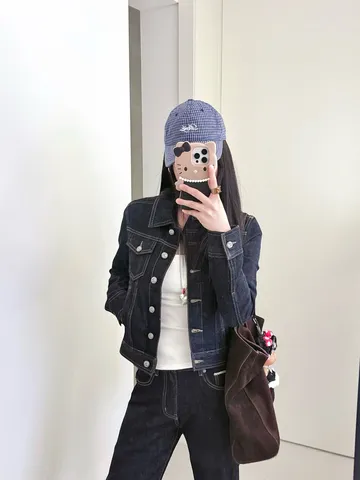 Women Vintage Dark Blue Raw Denim Jacket Slim Fit Cropped Denim Coat Long Sleeve Versatile Streetwear Casual Top