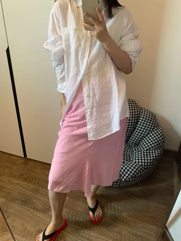 French Lazy Style Tencel Linen Bias Cut Fishtail Midi Skirt Solid Color High Waist Elastic Slimming Pink Skirt For Women Summer