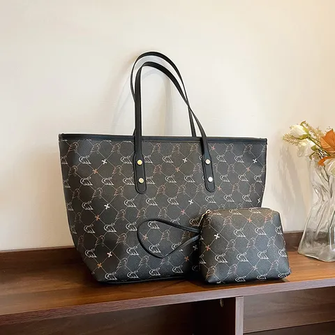 Damen Große Kapazität Tragetasche Retro Muster PU Leder Umhängetasche Lässig Pendlertasche Mit Kleinem Taschen Set