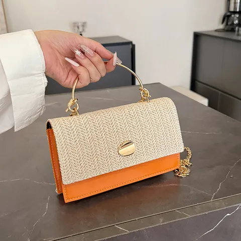 Sac Bandouliere En Cuir PU Tisse Pour Femmes Vintage Color Block Sac A Main Poignee Superieure Avec Bracelet De Chaine En Metal