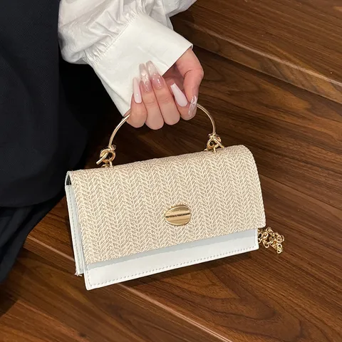 Sac Bandouliere En Cuir PU Tisse Pour Femmes Vintage Color Block Sac A Main Poignee Superieure Avec Bracelet De Chaine En Metal