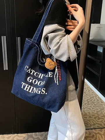 Damen Casual Canvas Tragetasche Große Kapazität Umhängetasche Einfarbig Buchstabe Bedruckt Handtasche Tägliche Einkaufstasche