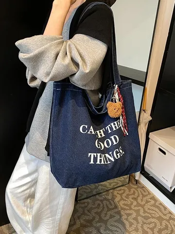 Damen Casual Canvas Tragetasche Große Kapazität Umhängetasche Einfarbig Buchstabe Bedruckt Handtasche Tägliche Einkaufstasche