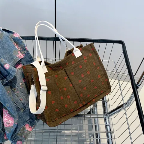 Damen Große Kapazität Canvas Tragetasche Erdbeerprint Lässige Handtasche mit Reißverschluss und Praktischen Taschen
