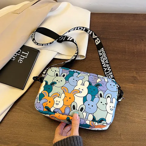 Damen Cartoon Hase Druck Segeltuch Umhängetasche Lässig Vielseitig Kleine Quadratische Schultertasche Reißverschluss Tägliche Handtasche