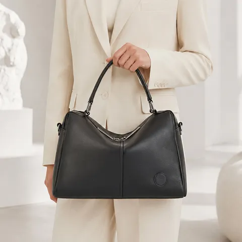 Women Genuine Leather Boston Handbag Autumn Winter Commuting Top Layer Cowhide Solid Color Fashion Shoulder Crossbody Bag
