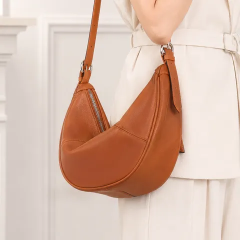 Women Genuine Cowhide Leather Hobo Bag Casual Crescent Underarm Shoulder Bag Vintage Solid Color Zipper Closure Daily Handbag