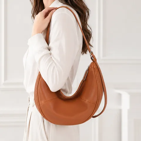 Women Genuine Cowhide Leather Hobo Bag Casual Crescent Underarm Shoulder Bag Vintage Solid Color Zipper Closure Daily Handbag