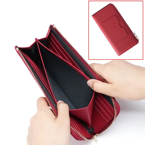 Cartera Larga de Cuero genuino para Mujer Monedero con Cremallera Grano Guijarro Piel Vacuno Gran Capacidad Tarjetero RFID