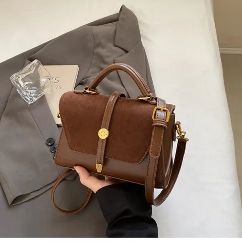 Damen Retro Wildleder Splicing PU Leder Umhängetasche Lässig Pendeln Tragegriff Handtasche