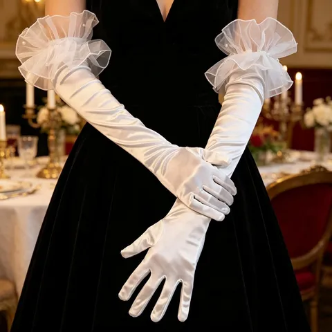 Damen Retro Lange Satin Handschuhe Oper Abend Party Kostüm Handschuhe Perlen Rüschen Elegante Oper Handschuhe Abschlussball Zubehör
