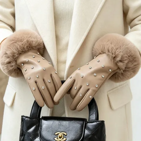 Women Winter Warm Touchscreen Leather Gloves Rhinestone Faux Fur Cuff Windproof Cold Weather Driving Gloves