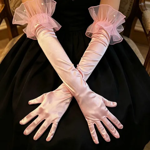 Damen Retro Lange Satin Handschuhe Oper Abend Party Kostüm Handschuhe Perlen Rüschen Elegante Oper Handschuhe Abschlussball Zubehör