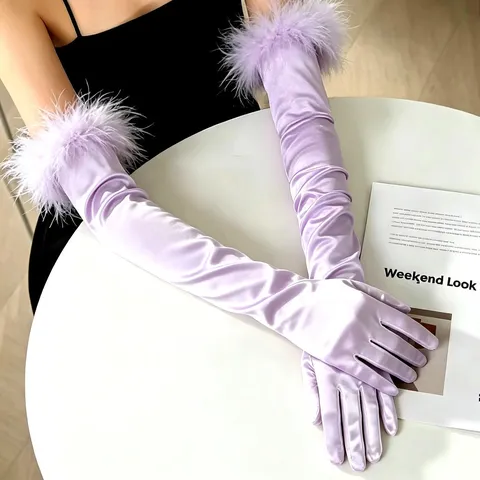 Women Long Satin Gloves With Feather Cuffs Opera Stage Party Costume Accessories Retro 1920s Elegant Evening Gloves