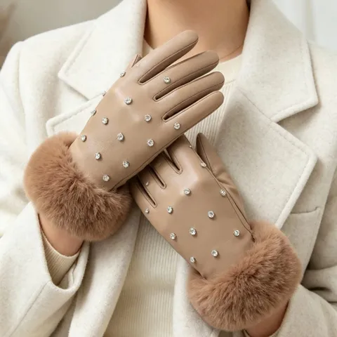 Women Winter Warm Touchscreen Leather Gloves Rhinestone Faux Fur Cuff Windproof Cold Weather Driving Gloves
