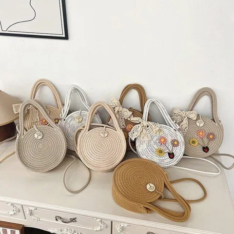 Damen Casual Baumwoll-Leinen Gewebte Umhängetasche Pastoraler Stil Spitzen-Schleife Blumen Handtasche Sommer Strand Reise Tasche