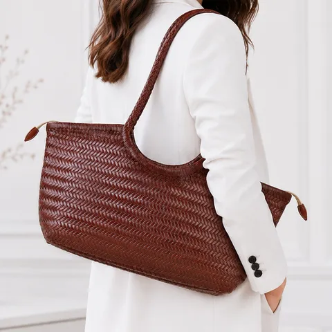 Women's Genuine Leather Woven Tote Bag Vintage Handmade Cowhide Large Capacity Shoulder Underarm Handbag