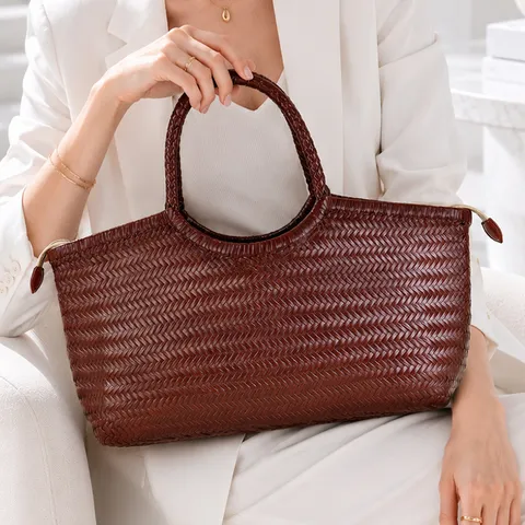Women's Genuine Leather Woven Tote Bag Vintage Handmade Cowhide Large Capacity Shoulder Underarm Handbag
