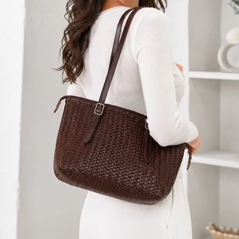 Vintage Woven Tote Bag For Women Genuine Leather Handbag Large Capacity Casual Shoulder Bag Top Layer Cowhide Purse