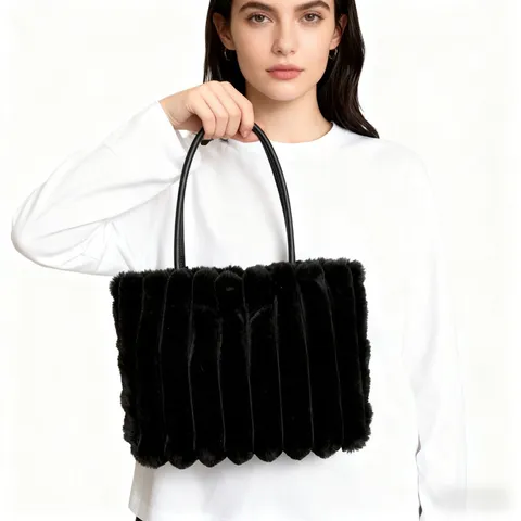 Herbst Winter Kunstfell Tote Tasche Lässig Große Kapazität Plüsch Umhängetasche Gestreifte Flauschige Handtasche Für Damen