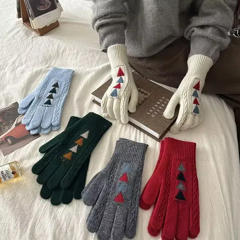 Gants Tricotés Tactiles d'Hiver pour Femmes Motif Arbre de Noël Chaud Coupe-vent Longs Poignets Mitaines Thermiques