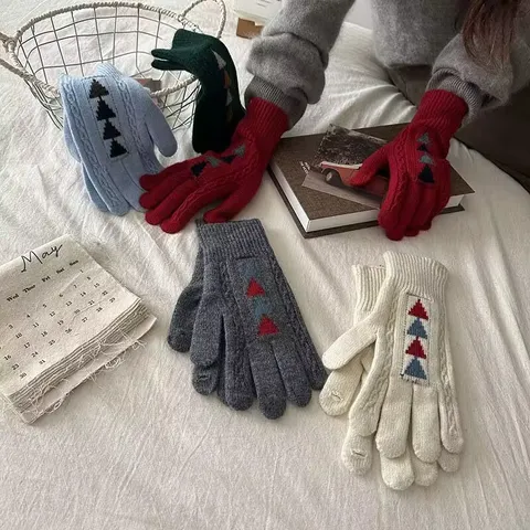 Gants Tricotés Tactiles d'Hiver pour Femmes Motif Arbre de Noël Chaud Coupe-vent Longs Poignets Mitaines Thermiques