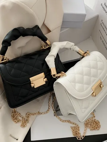 Sac à Épaule en Cuir PU Matelassé pour Femmes Avec Poignée Froncée Petit Sac à Bandoulière de Mode Sac à Main Verrou Carré