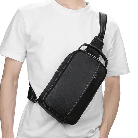 Men's Genuine Leather Chest Bag Casual Crossbody Shoulder Bag Top Layer Cowhide Durable Multifunctional Day Pack
