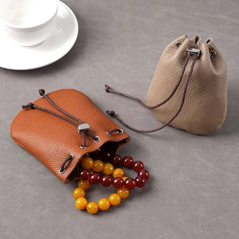 Monedero de Cuero Genuino Vintage Para Hombres Mujeres Retro Cordón Bolsita Pequeña Joyería Bolsa de Almacenamiento Cartera Portátil