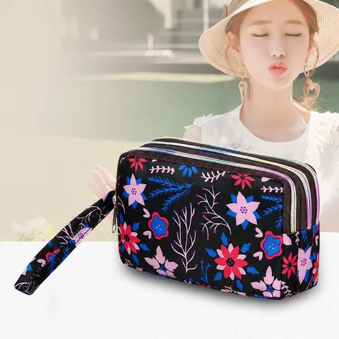 Damen Große Kapazität Oxford Gewebe Clutch Tasche Dreilagige Reißverschluss Handytasche Floral Gedruckte Lange Geldbörse