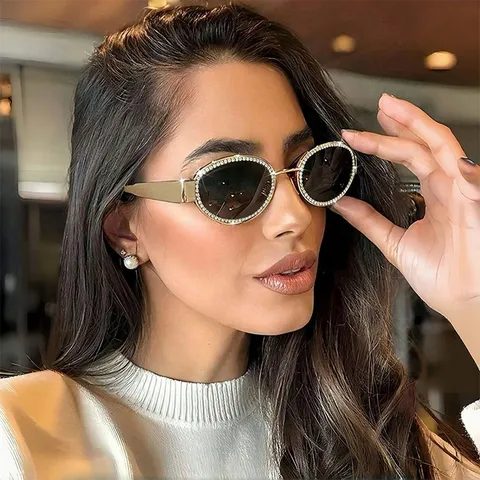 Y2K Oval Metallrahmen Strass Sonnenbrille Für Damen Herren Luxus Strass Eingelegte Vintage Mode Sonnenbrille Retro Cyberpunk Stil Brille UV400