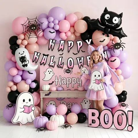 Σετ Αψίδας Μπαλονιών Halloween Ροζ Μωβ Μαύρο Λάτεξ Μπαλόνια Αλουμινίου Φάντασμα Νυχτερίδα Γιρλάντα Φόντο Διακοσμήσεις Πάρτι