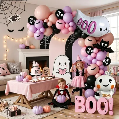 Σετ Αψίδας Μπαλονιών Halloween Ροζ Μωβ Μαύρο Λάτεξ Μπαλόνια Αλουμινίου Φάντασμα Νυχτερίδα Γιρλάντα Φόντο Διακοσμήσεις Πάρτι