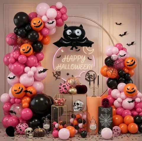 Halloween Ballon Slinger Boog Set Roze Zwart Oranje Latex Folie Ballonnen Spook Vleermuis Schedels Voor Feest Decoraties