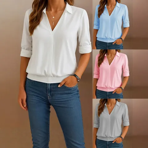 Women's V-Neck Long Sleeve Blouse Casual Solid Color Loose Pullover Top Commuter Polyester Shirt For Spring Autumn Daily Wear