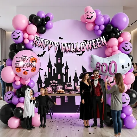 Kit Αψίδας Μπαλονιών Halloween Ροζ Μωβ Νυχτερίδα Κάστρο Μάγισσας Θέμα Πάρτι Φόντο Φωτογραφία Αξεσουάρ Διακόσμησης