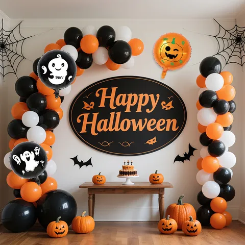 Halloween Balloon Arch Chain Kit Black Orange White Latex Balloons With Bat Spider Ghost Foil Balloons For Party Decor