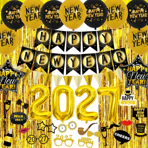 Neujahr Party Dekoration Ballons Set Gold Schwarz Latex Ballons Buchstaben Banner Foto Requisiten Partybedarf