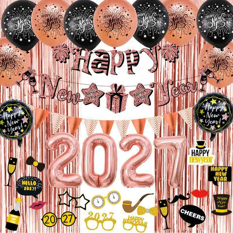 Neujahr Party Dekoration Ballons Set Gold Schwarz Latex Ballons Buchstaben Banner Foto Requisiten Partybedarf