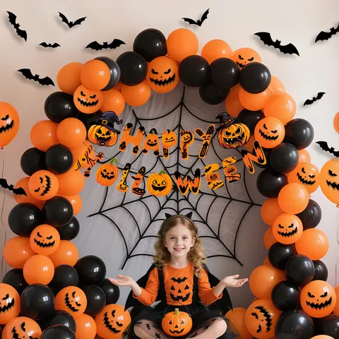 Halloween Party Decoration Pumpkin Bat Pull Flag Latex Balloon Set Happy Halloween Bunting Garland