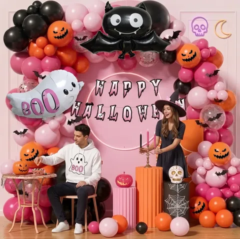 Halloween Ballon Slinger Boog Set Roze Zwart Oranje Latex Folie Ballonnen Spook Vleermuis Schedels Voor Feest Decoraties