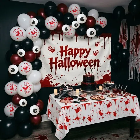 Halloween Ballon Girlande Bogen Kit Halloween Party Dekorationen Mit Blut Handabdruck Hintergrund Tischdecke Latex Ballons